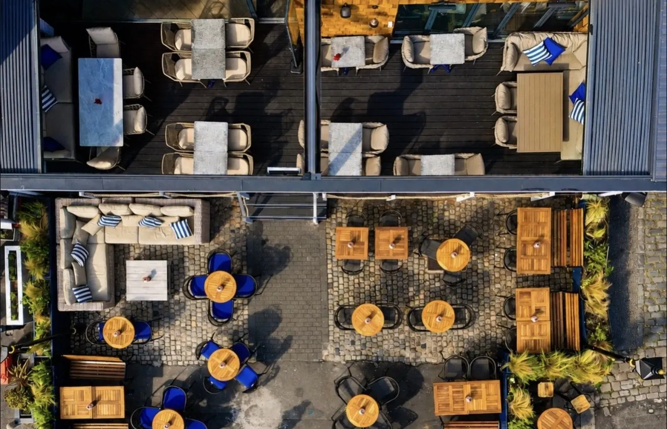 Looking down on the courtyard tables at lunchtime